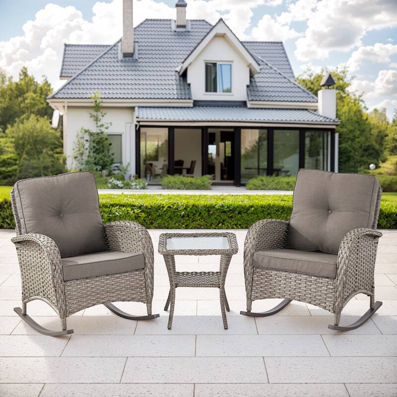 Gymojoy Patio Furniture Set PE Wicker Rocking Chairs & Side Table