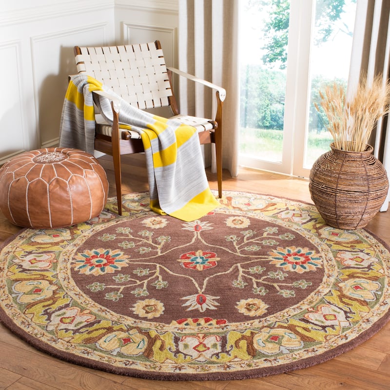 SAFAVIEH Handmade Anatolia Lisann Traditional Oriental Hand-spun Wool Rug - 6' Round - Brown/Gold