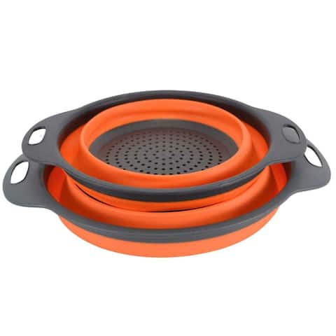 Orange Collapsible Colander Space Saving Silicone Strainer Bowl (2 Piece Set)