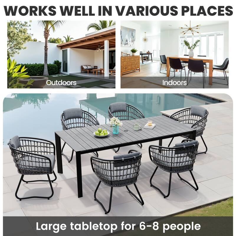 Outdoor Patio Dining Set Aluminum Table with Umbrella Hole with Rattan Chairs