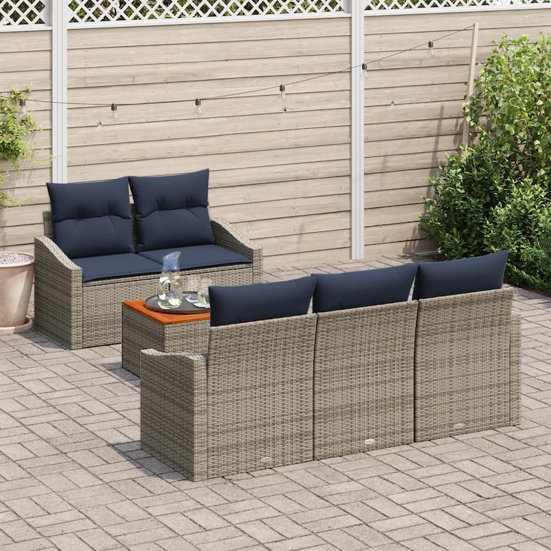 vidaXL 6 Garden Sofa Set with Cushions Black/Grey Poly Rattan - 70.1 x 24.4 x 27.2