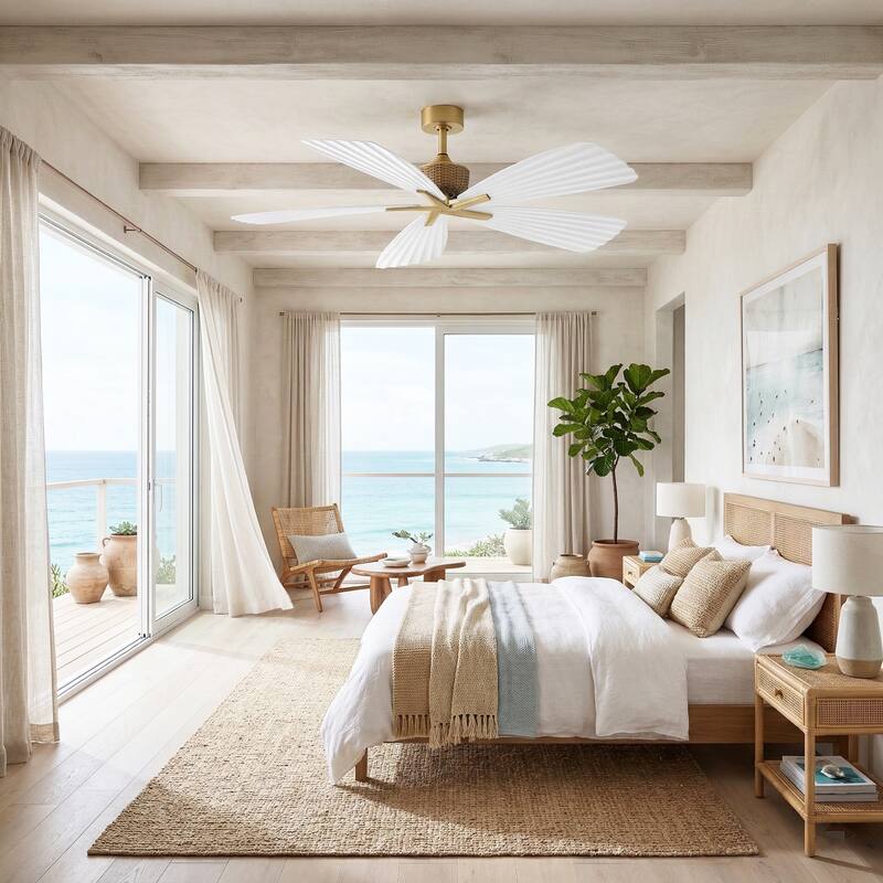 56" Tropical White Pleated Leaf 5-Blade Indoor Outdoor Ceiling Fan with Remote, No Light