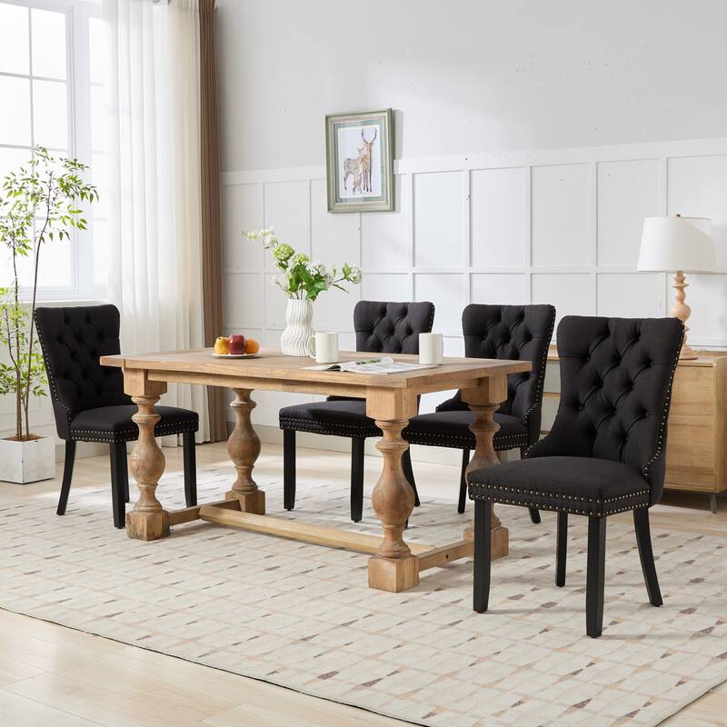 Set of 2 Linen Upholstered Dining Chair with Wood Legs, Nailhead Trim