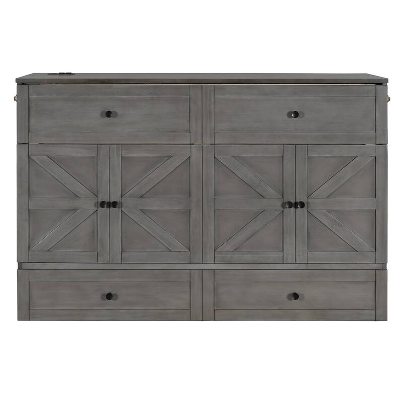 Gray Queen Size Murphy Bed with Versatile Storage Drawers & USB