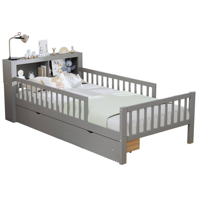 Twin Size Bed with Headboard Storage, Safety Guardrails, and Under-Bed Drawers