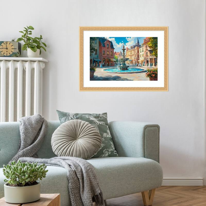 City Gathering Water Fountain by Tradelink inhouse artist Wood Framed Wall Art Print - Bethany Gold