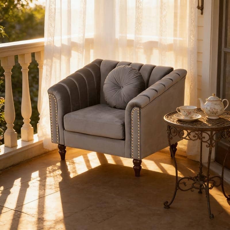 Modern Upholstered Single Sofa with Ergonomic Back & Solid Wood Legs - Grey