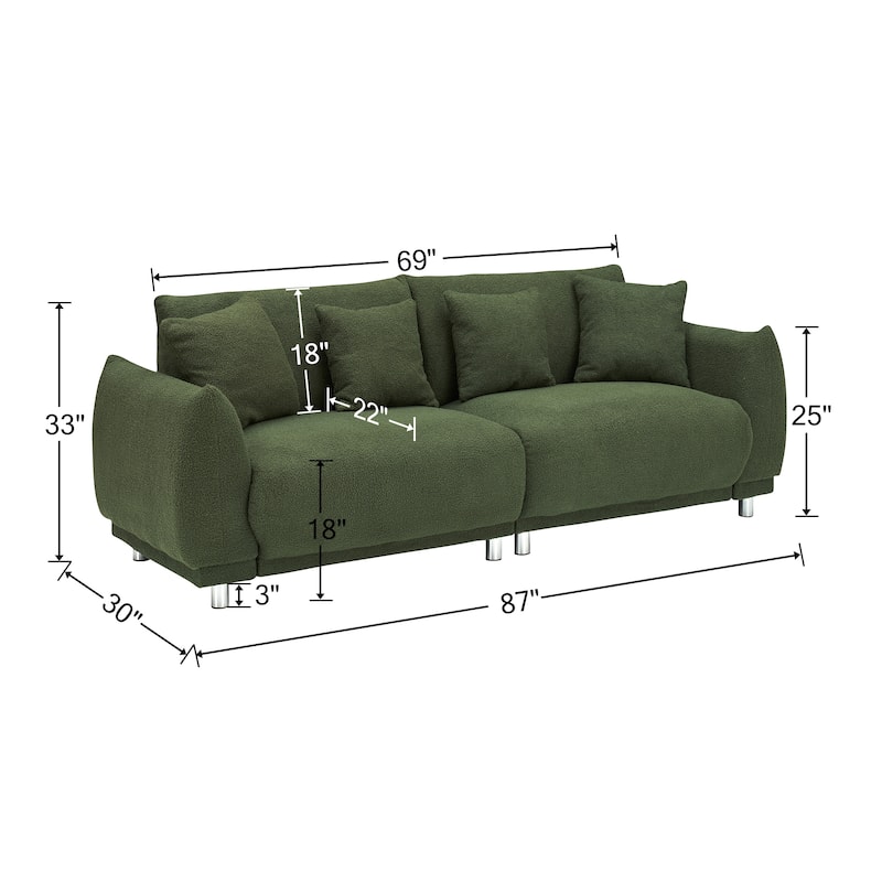 86.6" Teddy velvet large bread sofa with four pillows and hardware feet