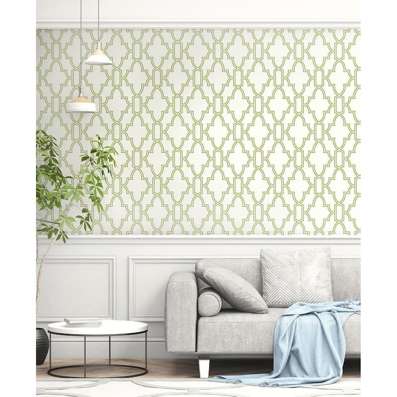 NextWall Green and White Tile Trellis Peel and Stick Wallpaper - 20.5 in. W x 18 ft. L