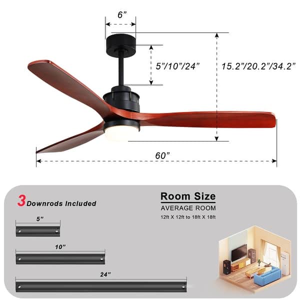 dimension image slide 2 of 12, 42“/52"/60"/48" Noiseless Walnut Wood Ceiling Fan with Remote Control, Integrated Light Optional