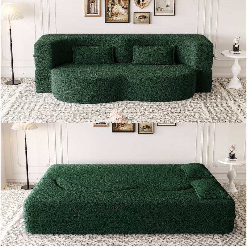 Modern Convertible Floor Sofa Bed - Full Size Foldable Sleeper with Memory Foam, 2 Pillows & No Assembly Needed - Green