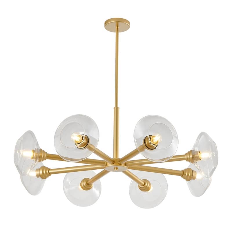 Modern Gold Sputnik Chandelier with Clear Glass Shades, Mid-Century Hanging Pendant Light Fixture for Dining Room.