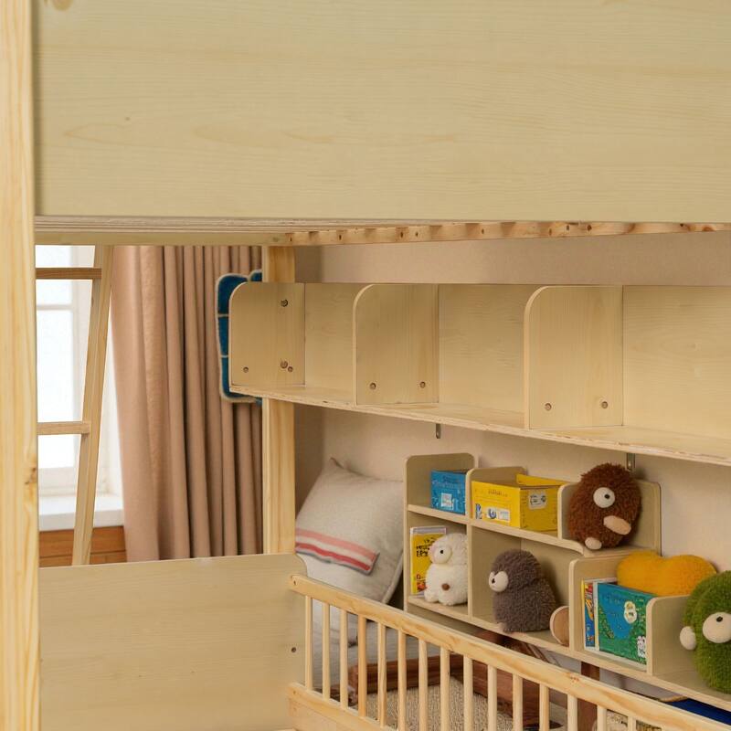 Twin over Twin Wooden Bunk Bed with 3 Storage Shelves, Reversible Ladder, Safety Guardrails and No Box Spring Needed