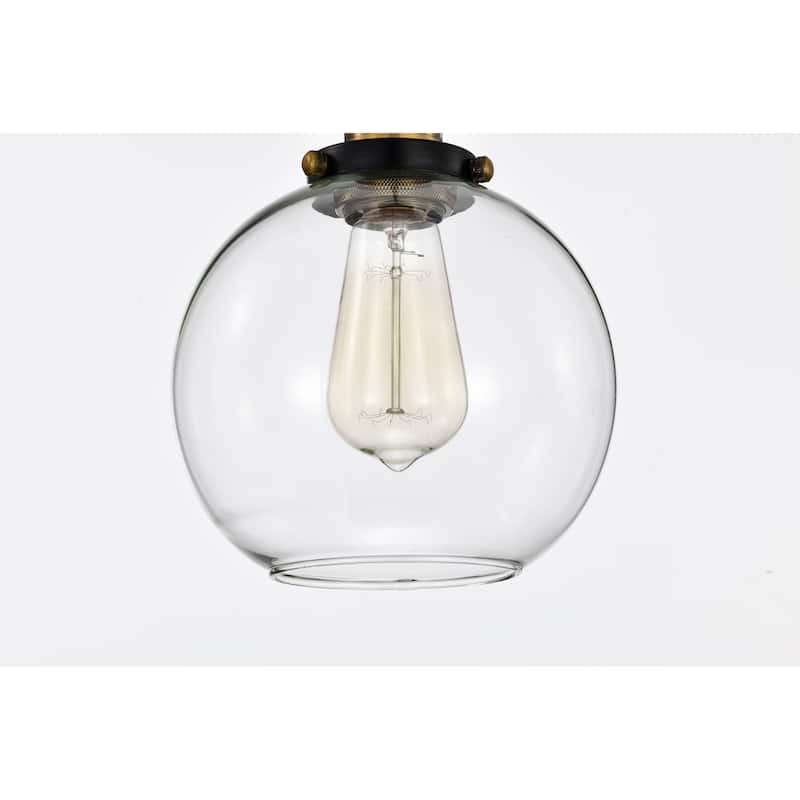 Black and Antique Brass 1-Light Mini Pendant with Clear Globe Glass Shade - Black and Antique Brass