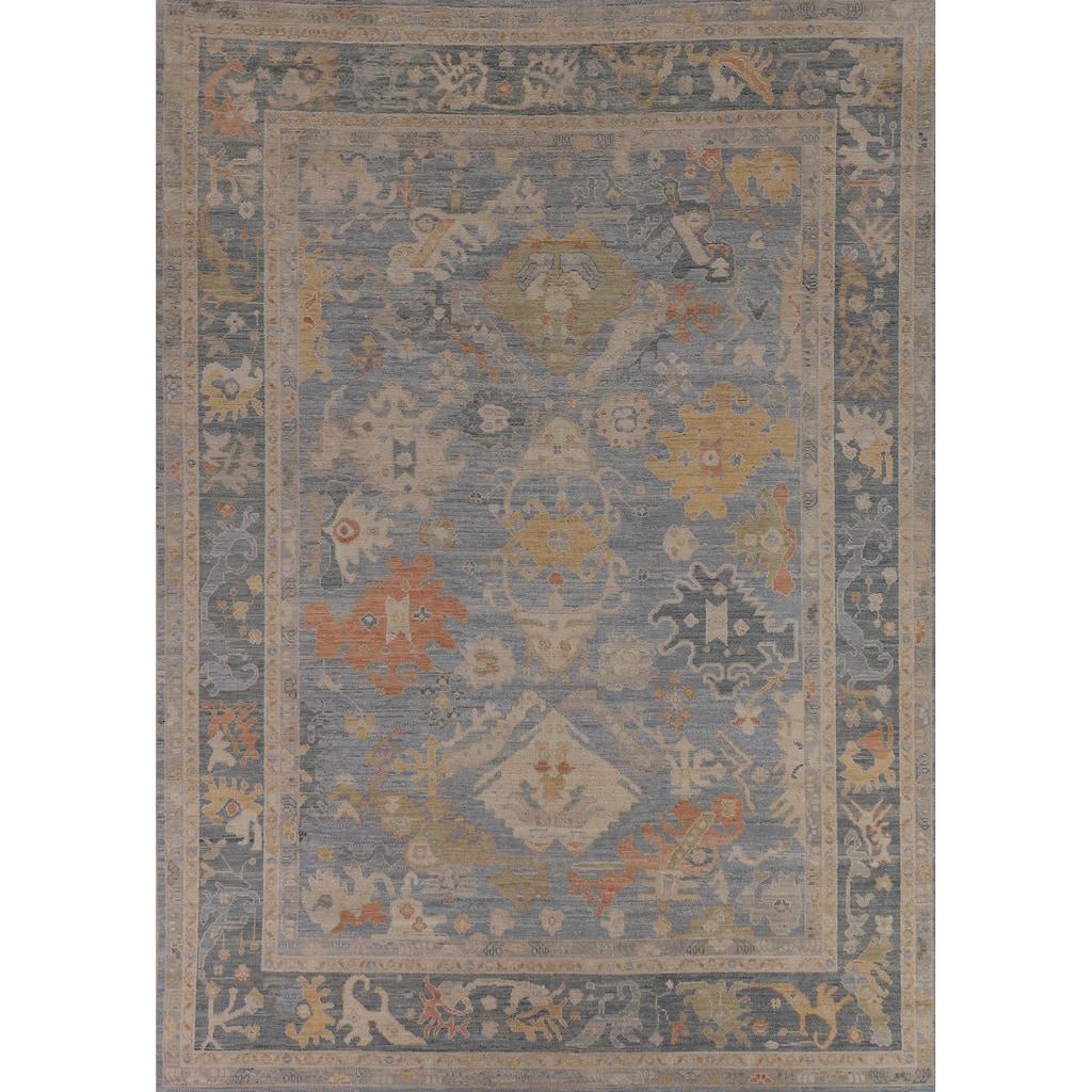 Blue Oushak Turkish Rug Handmade Vegetable Dye Wool Carpet - 9'3"x 11'11"