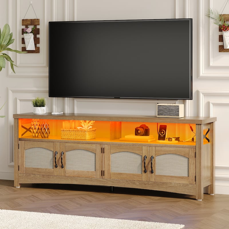 Moasis Farmhouse Rectangular LED Light TV Stand with 4 Doors for TV's up to 60"/65" - Brown/Rattan - 59 inches in width