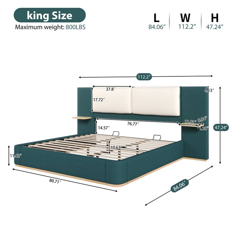 Upholstered Platform Bed Frame with Side Storage Panels, Soft Rounded Corners, Cushioned Headboard & No Box Spring Needed