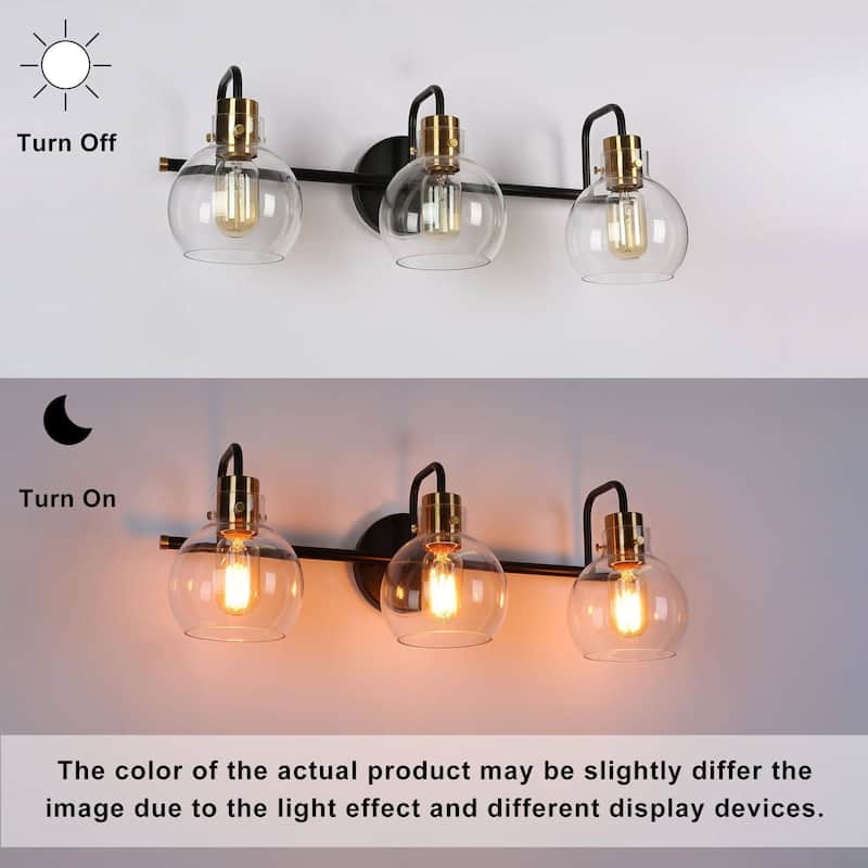 3-Light Black Gold Bathroom Vanity Lights Modern Wall Lighting with Globe Glass - 23" L x 8" W x 8" H