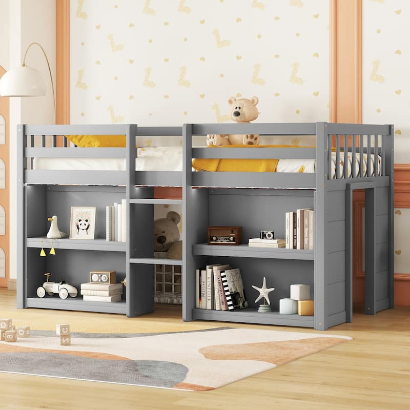 Twin Size Low Loft Bed with Shelves, LED Light, and Play Area, Grey