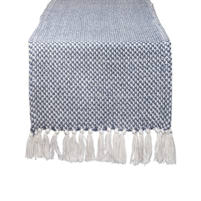 Woven Fringed Table Runner - 108" - Blue and White