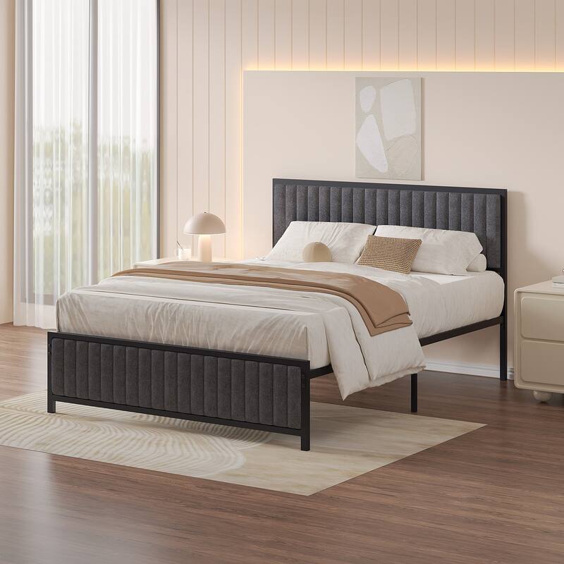 VECELO Upholstered Bed Frame with Tufted Headboard & Footboard Heavy Duty Steel Slats Platform No Box Spring Needed