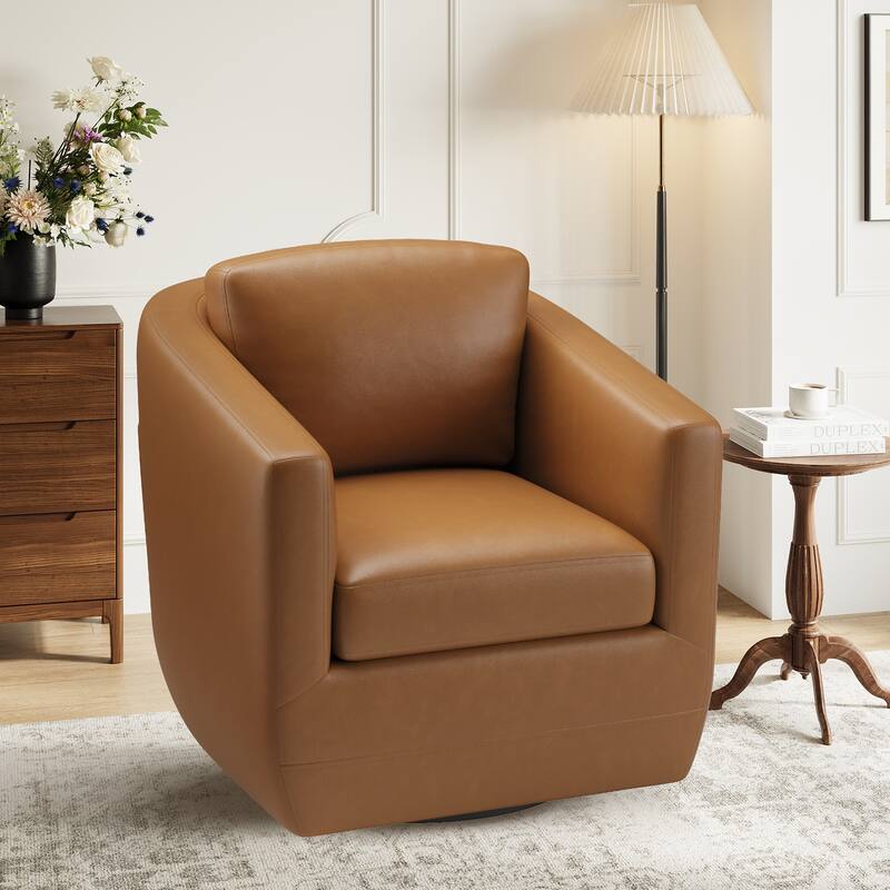 Velvet Barrel Swivel Chair - Round Bouclé Accent with Brass Base, Ready-to-Use for Living Rooms & Reading Corners - 1 - Brown