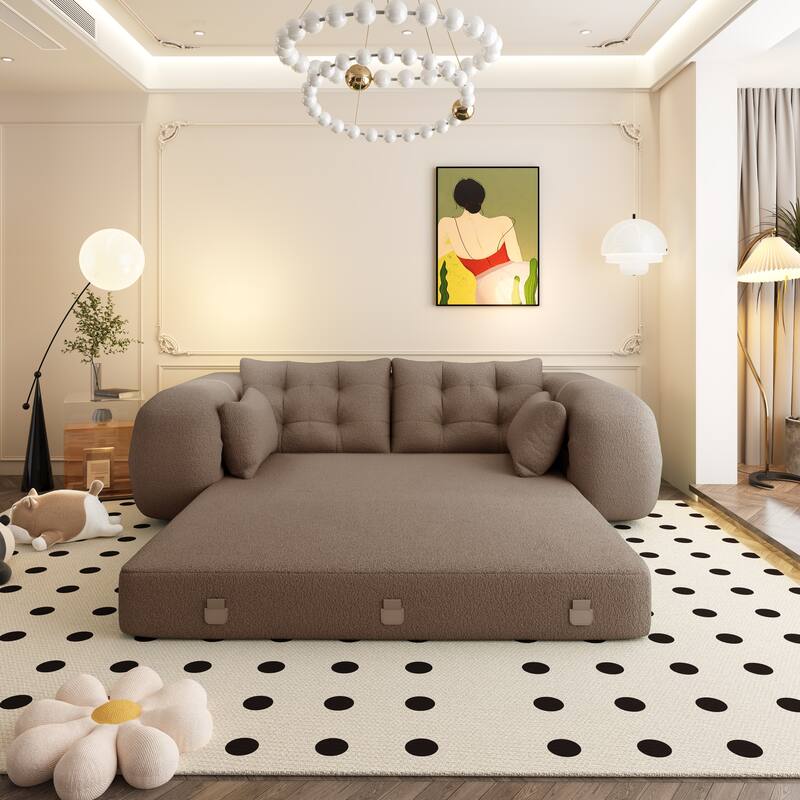 78.7" Foldable Sofa Bed, Teddy Fabric Convertible Floor Sofa Couch with Pillow, Upholstered Loveseat Sleeper Bed for Living Room