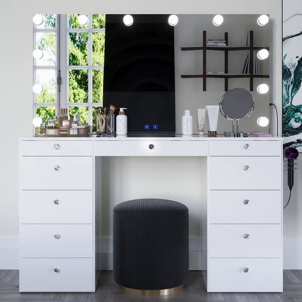 Boahaus Makeup Vanity Table, 13 Drawers, Lights, Glass Top, White - N/A