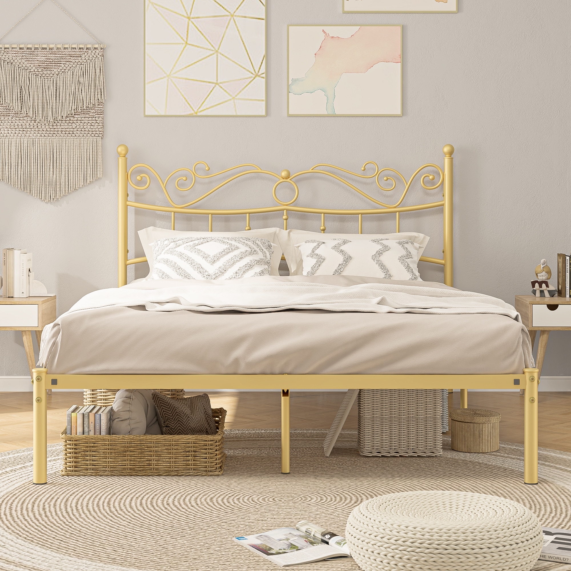 Gezen Iris Metal Platform Bed Frame with Vintage Carved Headboard, No Box Spring Needed Under 11" Storage Space, Antique Gold