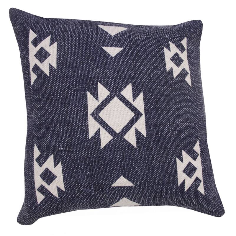20" Blue and White Hand Woven Geometric Square Throw Pillow
