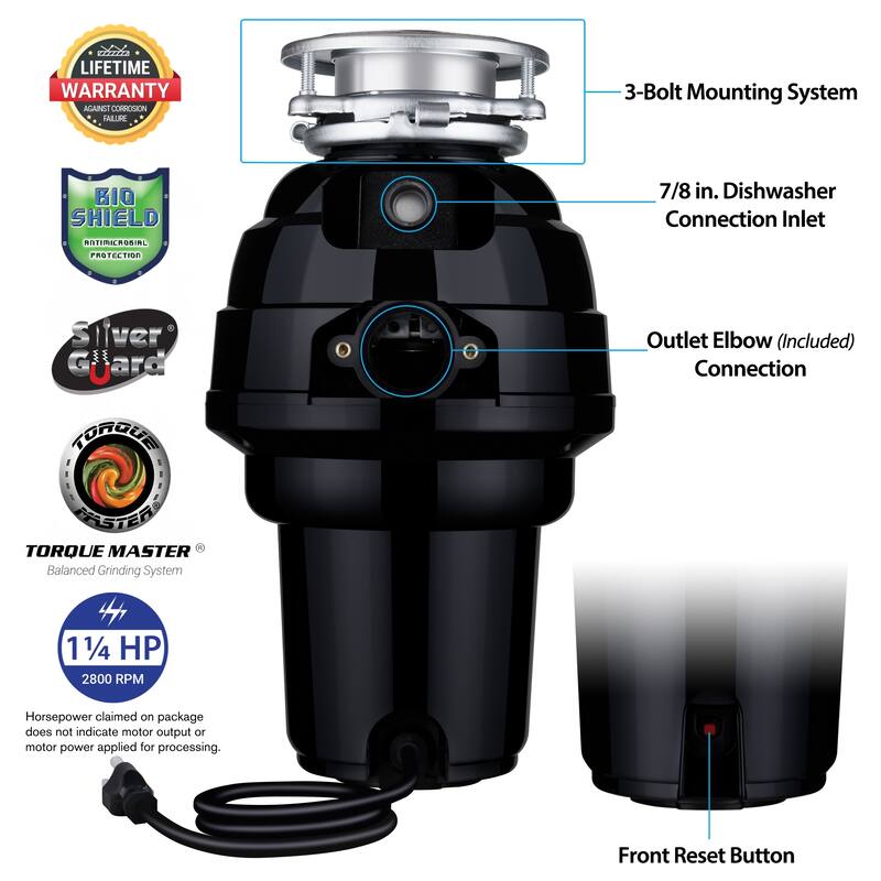 Waste Maid 1-1/4 HP Premium Garbage Disposal with Attached Power Cord - stainless steel - 1-1/4 hp