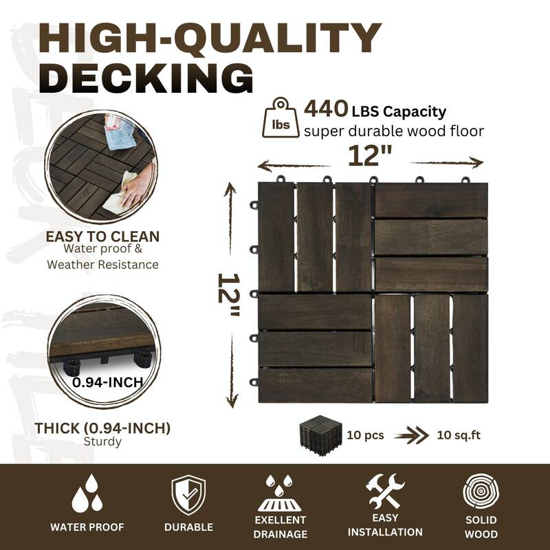 12" x 12" Dark Brown Acacia Wood Interlocking Deck Tiles Checker Pattern