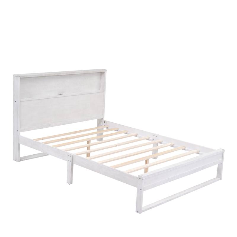 Antique White Queen Size Storage Platform Bed with USB Ports and Socket