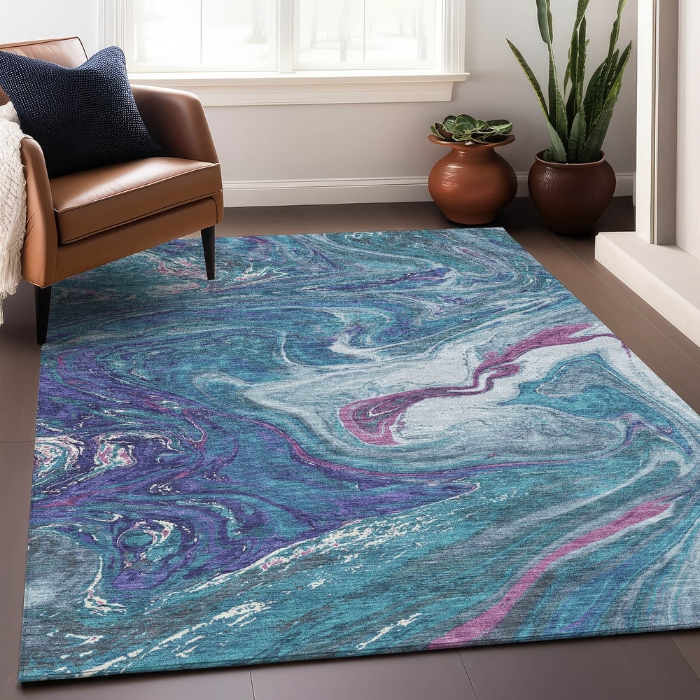 Machine Washable Indoor/ Outdoor Abstract Brushstroke Chantille Rug