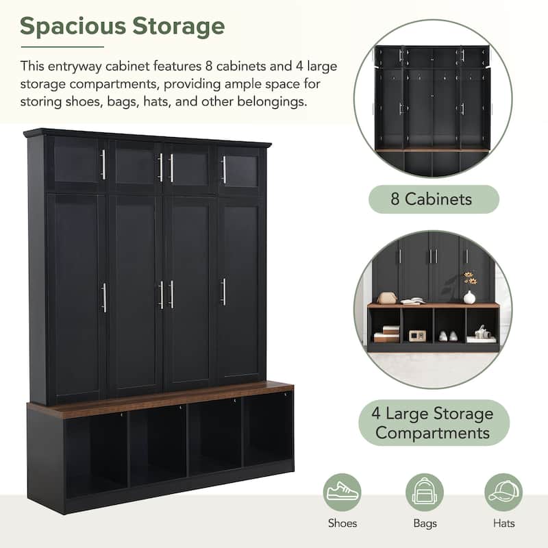 Hall Tree Storage Cabinet with 4 Hidden Hooks, Bench, and Open Compartments