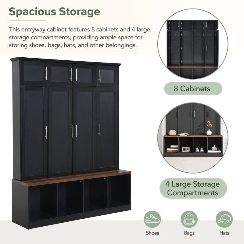 Versatile Hall Tree with 4 Hanging Hooks, Brown Wood Grain Bench with Multiple Storage Space