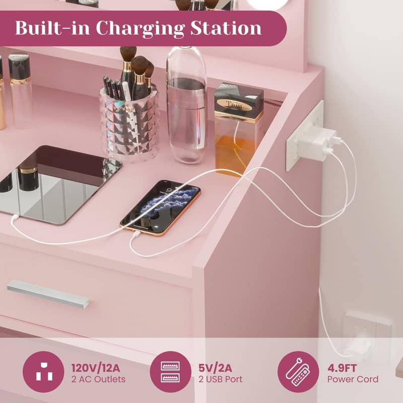 Makeup Vanity Desk with Mirror and Stool, Charging Station, 2 Drawers, 3 Shelves