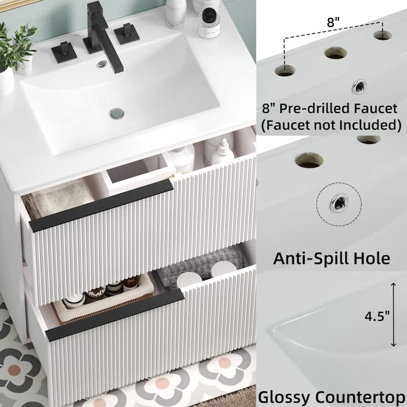 30" Bathroom Vanity with Ceramic Sink, Full-Extension Drawers, Soft-Close Undermount Slides, Fluted Design