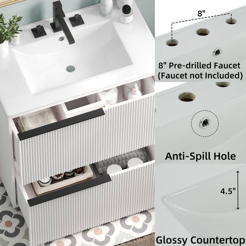 30" Bathroom Vanity with Ceramic Sink and Full-Extension Drawers, Soft Close Undermount Drawer Slides, Fluted Design, Natural