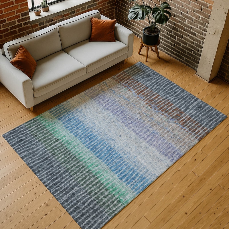 Machine Washable Indoor/ Outdoor Contemporary Stripes Chantille Rug