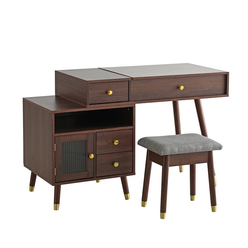3-in-1 Vanity Desk with Lighted Flip-Top Mirror & Retractable Side Cabinet, Vanity Set with Stool & Storage Drawers