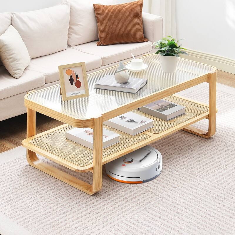 45-Inch Rectangle Rattan Coffee Table with Tempered Glass Top and One Open Storage Shelf - 45.3 x 22.4 x 17.7 in