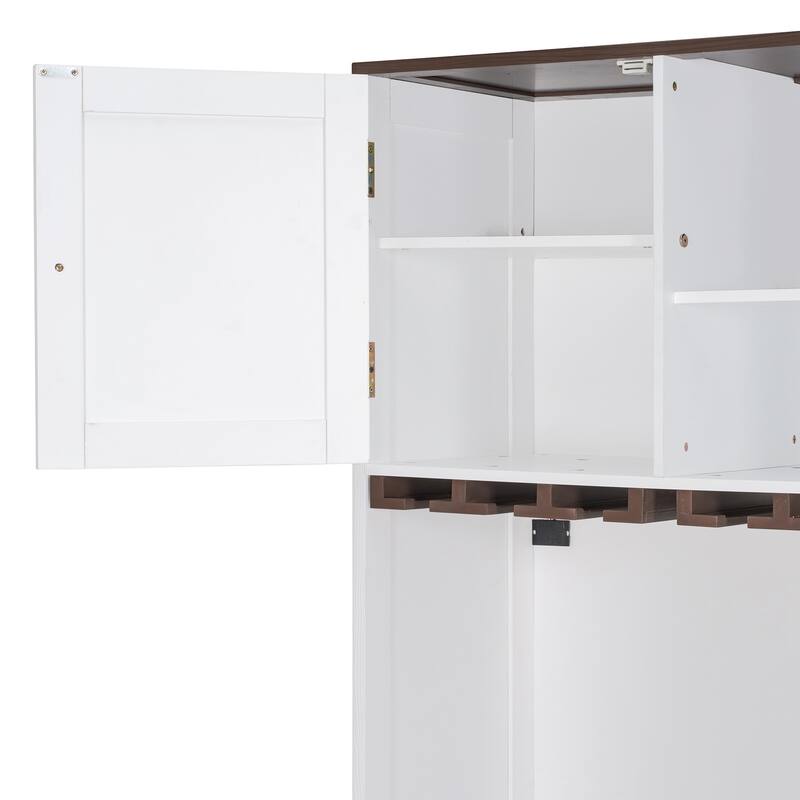 All-in-one Murphy Bed Queen Size Storage Bed Cabinet with Wine Rack, Glass Holder, Drawers, Open Shelves and LED Lights