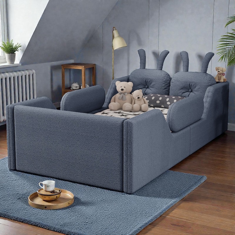 Twin Size Upholstered Floor Bed for Kids with Removable Side Rails, Soft Teddy Fabric Platform Bed - Grey - Twin