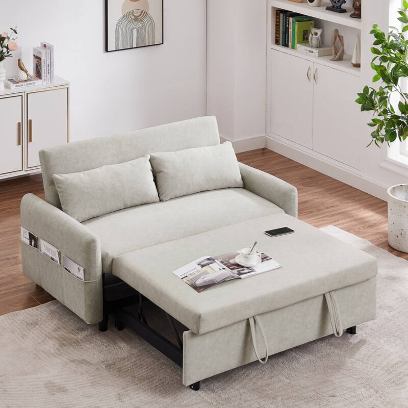 55.1" Pull Out Sleep Sofa Bed Loveseats Sofa Couch with Adjsutable Backrest,Storage Pockets,2 Soft Pillows,USB Ports,Beige - Beige