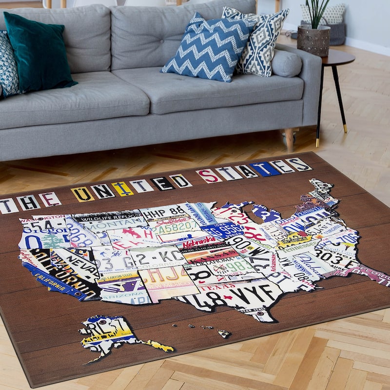 America United States License Plate Map Non-Slip Indoor Outdoor Area Rug Carpet - 5' x 7'
