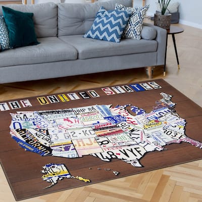 America United States License Plate Map Non-Slip Indoor Outdoor Area Rug Carpet - 5' x 7'