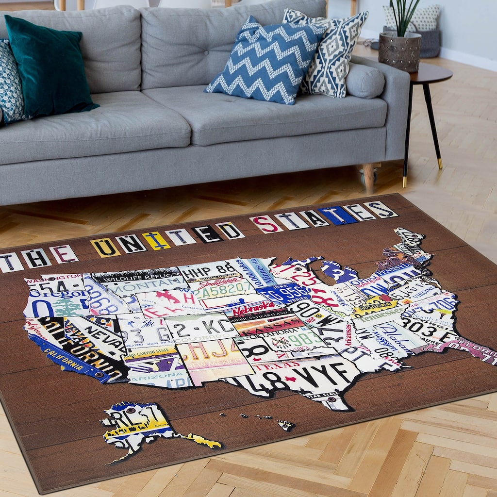 America United States License Plate Map Non-Slip Indoor Outdoor Area Rug Carpet - 5' x 7'