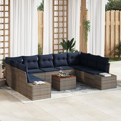 vidaXL 10 Garden Sofa Set with Cushions Black/Grey Poly Rattan - 113.8 x 82.3 x 27.2