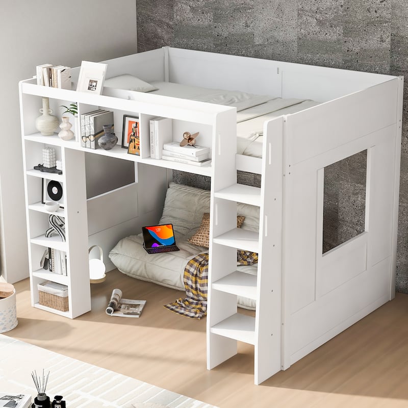 Queen Size Wooden Loft Bed with Storage Cabinets and Shelves, Multifunctional Country Style Design